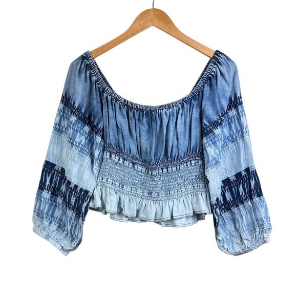 Anthropologie Pilcro Blue Ombre Chambray Smocked Square Neck Cropped Top - Picture 11 of 14